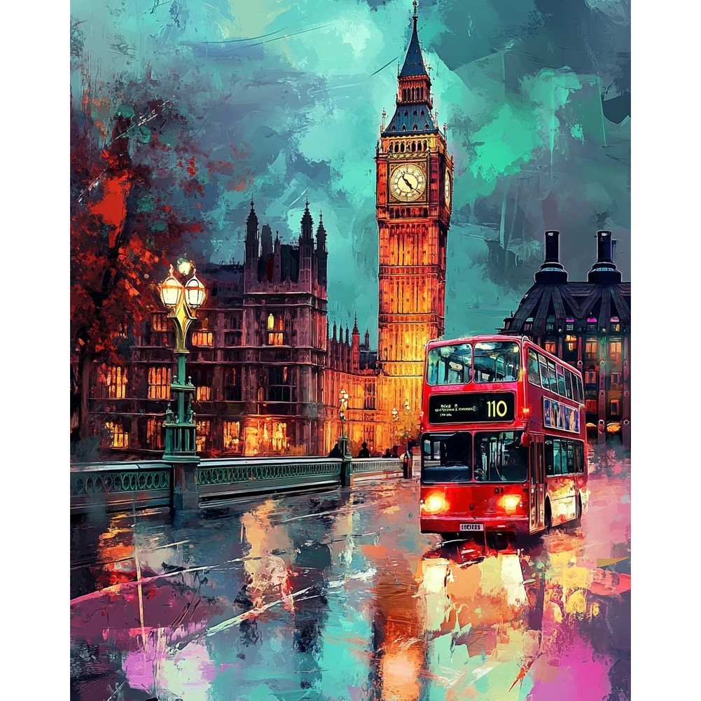 Aperçu du résultat final Ponte di Westminster, Big Ben e autobus rosso al crepuscolo - Diamond Painting.