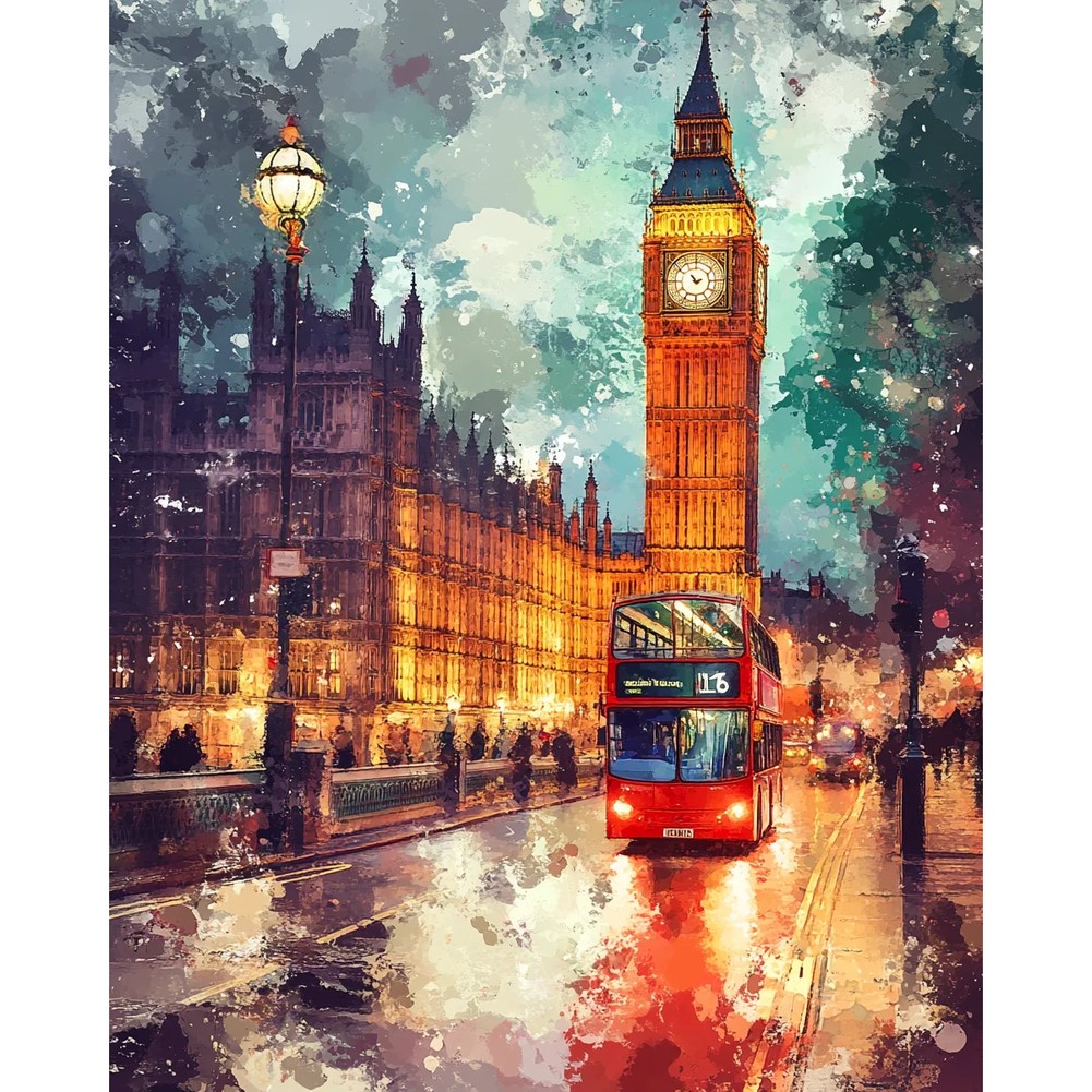 Aperçu du résultat final Big Ben and Red Bus Reflections London Diamond Painting.