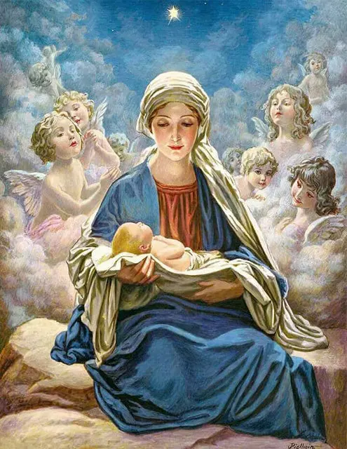 Aperçu du résultat final Vierge Marie et l'Enfant Jésus entourés d'Anges.