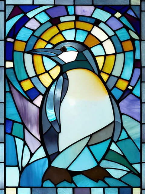 Aperçu du résultat final Pinguin Buntglasfenster mit Nordlichtern.