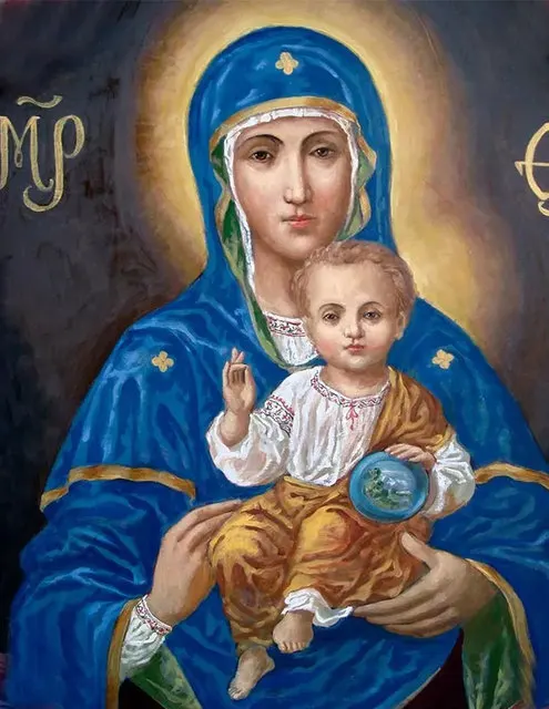 Aperçu du résultat final Vierge Marie et Enfant Jésus : Icône Sacrée en Broderie Diamant.