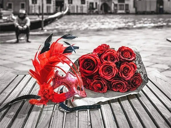Aperçu du résultat final Masque Vénitien et Roses Rouges sur Fond de Venise.