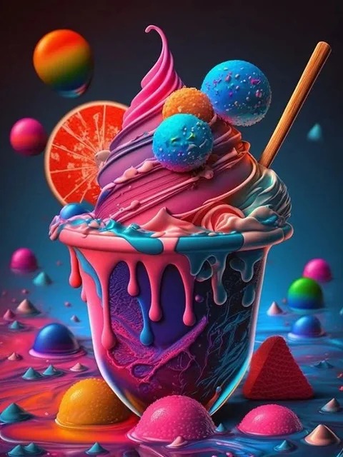 Aperçu du résultat final Surrealistischer Eisbecher in knalligen Farben.