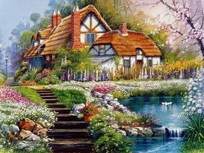 Aperçu du résultat final Idyllisches Landhaus: Reetgedecktes Haus mit Blütengarten.