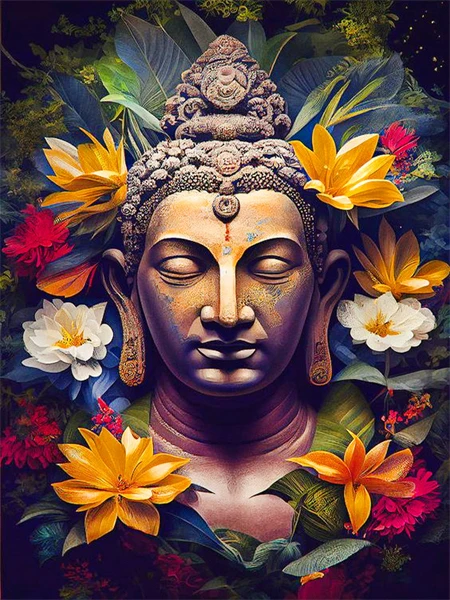 Aperçu du résultat final Friedvoller Buddha im tropischen Garten.